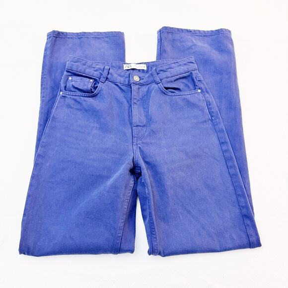 Zara Wide Leg Zip Flky Denim Dyed High Rise Jeans Blue Size 06 - Picture 5 of 9